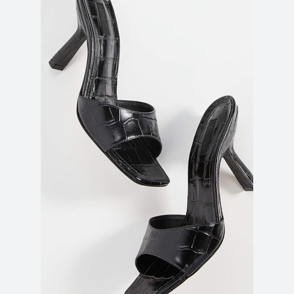SCHUTZ Women’s Posseni 7.5 Sandals mules – Black Croc Embossed Leather